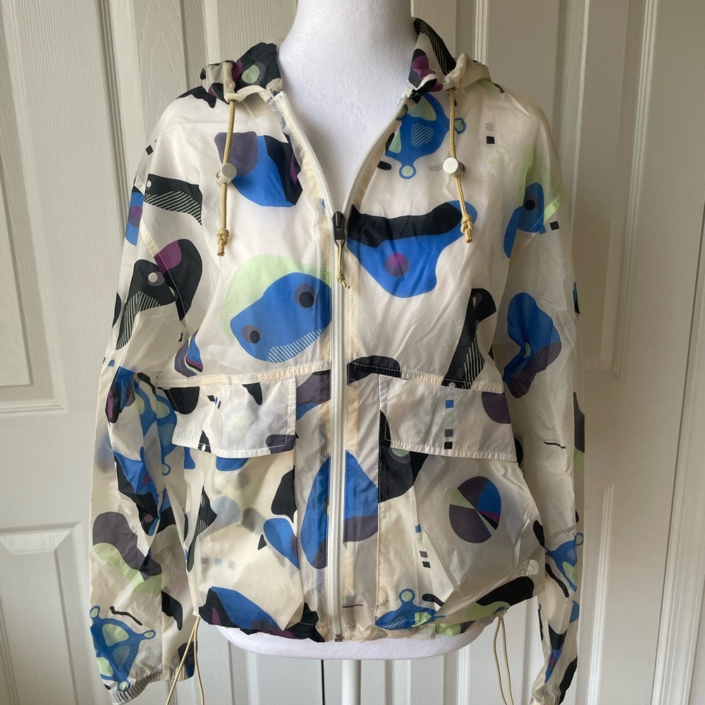 The North Face Kids Hooded Rain Jacket - White with Blue, Green & Purple Print